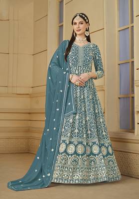 Faux georgette teal anarkali salwar kameez 1