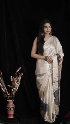 Women'S Beautiful Digital Printed Japan Satin Saree With Unstitched Blouse Piece 2