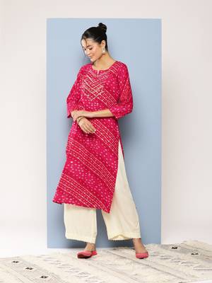 Aarika womens party wear rani colour bandhani print embroidery rayon kurti 1