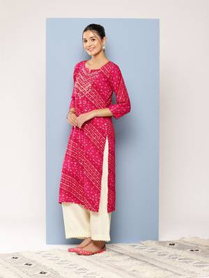 Aarika womens party wear rani colour bandhani print embroidery rayon kurti 3