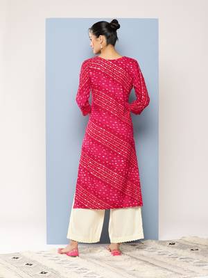 Aarika womens party wear rani colour bandhani print embroidery rayon kurti 4