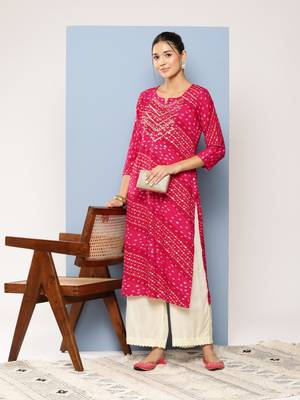 Aarika womens party wear rani colour bandhani print embroidery rayon kurti 5