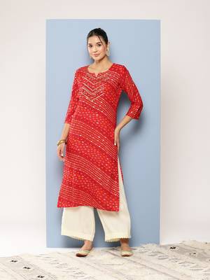 Aarika womens party wear red colour bandhani print embroidery rayon kurti 1
