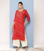 Aarika womens party wear red colour bandhani print embroidery rayon kurti