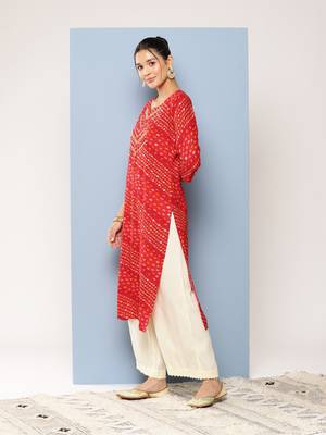 Aarika womens party wear red colour bandhani print embroidery rayon kurti 3