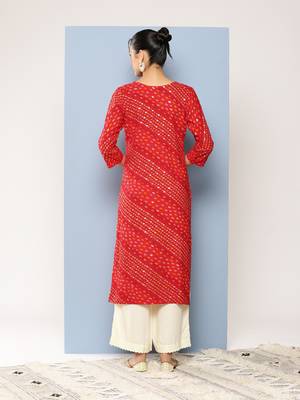 Aarika womens party wear red colour bandhani print embroidery rayon kurti 4