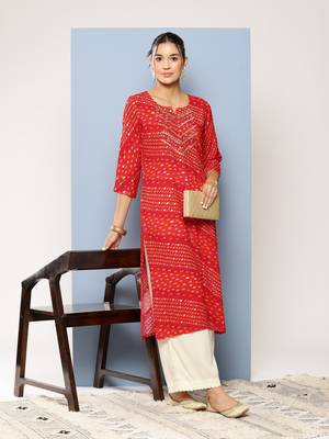 Aarika womens party wear red colour bandhani print embroidery rayon kurti 5