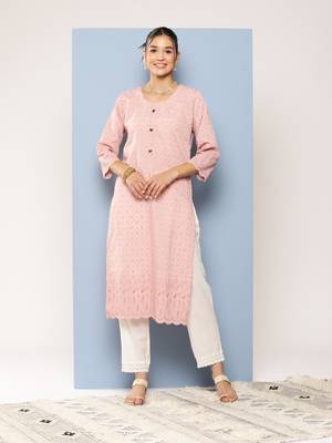 Aarika womens party wear peach colour chikan embroidery cotton kurti 1