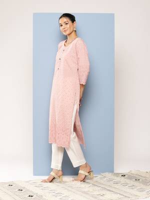 Aarika womens party wear peach colour chikan embroidery cotton kurti 3
