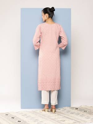Aarika womens party wear peach colour chikan embroidery cotton kurti 4