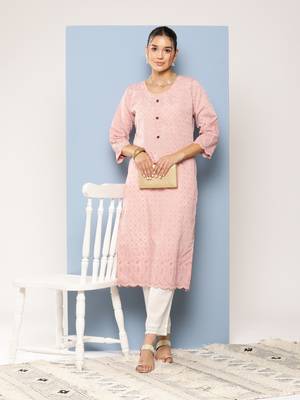 Aarika womens party wear peach colour chikan embroidery cotton kurti 5