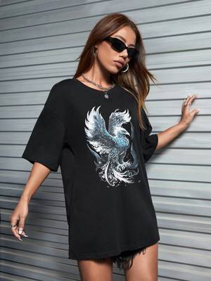 women's cotton blend black half sleeve oversize- loose fit t-shirts 2