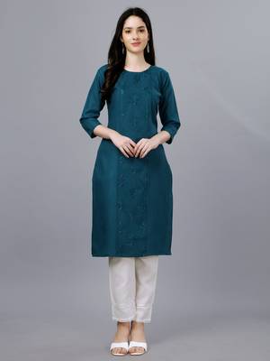 Women blue embroidered cotton blend sequinned straight kurta 1
