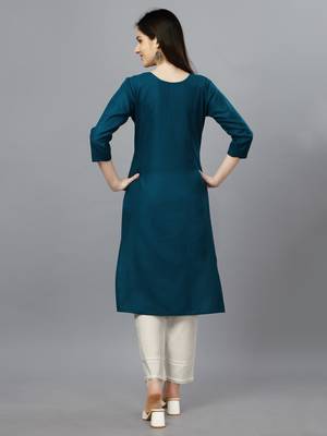 Women blue embroidered cotton blend sequinned straight kurta 2