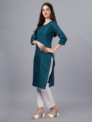 Women blue embroidered cotton blend sequinned straight kurta 3