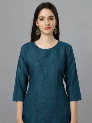 Women blue embroidered cotton blend sequinned straight kurta 4