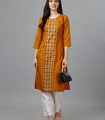 Women mustard embroidered cotton blend sequinned straight kurta