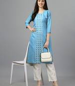 Women sky-blue embroidered cotton blend sequinned straight kurta