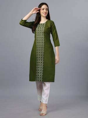 Women mehendi embroidered cotton blend sequinned straight kurta 1