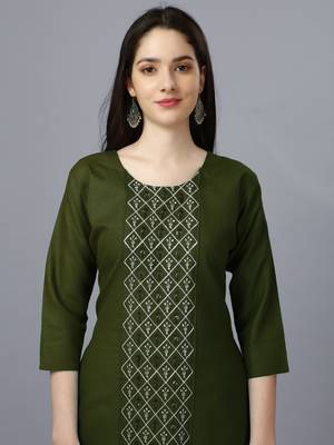 Women mehendi embroidered cotton blend sequinned straight kurta 3