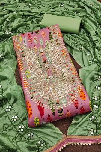 Green Cotton Digital Print Unstitched Dress Material