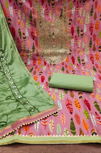 Green Cotton Digital Print Unstitched Dress Material