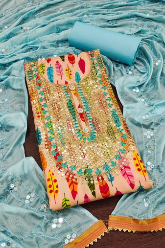 Sky Blue Cotton Digital Print Unstitched Dress Material