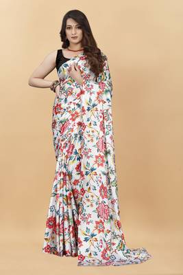 Women'S Beautiful Digital Printed Japan Satin Saree With Unstitched Blouse Piece 2