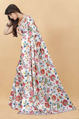 Women'S Beautiful Digital Printed Japan Satin Saree With Unstitched Blouse Piece 3