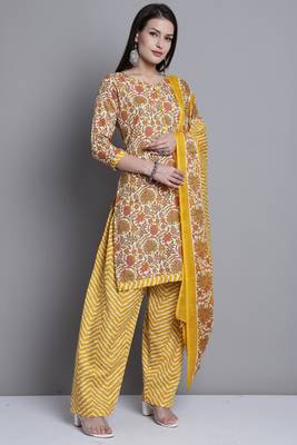 yellow & orange cotton blend printed ready to wear salwar suit 3