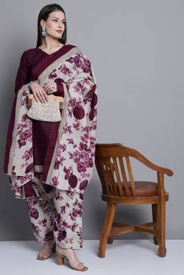 wine cotton blend printed ready to wear salwar suit 4