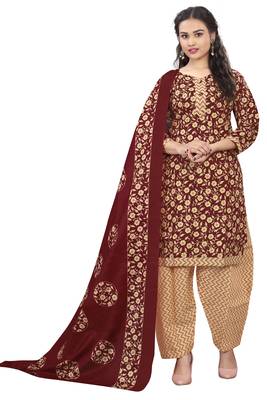 maroon & beige cotton blend printed ready to wear salwar suit 1