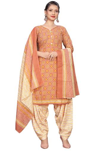Rajnandini light orange cotton blend printed ready to wear salwar suit