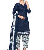 Navy blue cotton blend printed ready to wear salwar suit