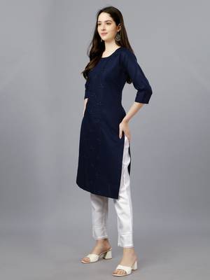 Cotton navy blue embroidered long kurtis 4