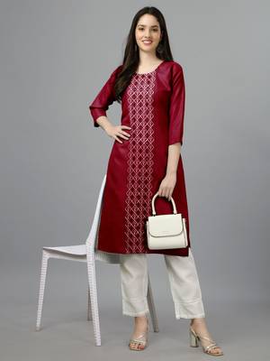 Cotton maroon embroidered long kurtis 1