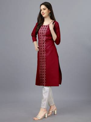 Cotton maroon embroidered long kurtis 3