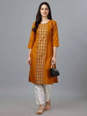Cotton mustard embroidered long kurtis 1