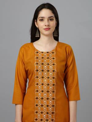 Cotton mustard embroidered long kurtis 3