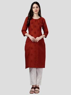 Cotton orange embroidered long kurtis 1