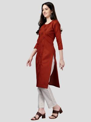 Cotton orange embroidered long kurtis 3