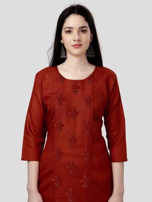 Cotton orange embroidered long kurtis 4