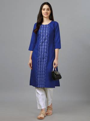 Cotton royal blue embroidered long kurtis 1