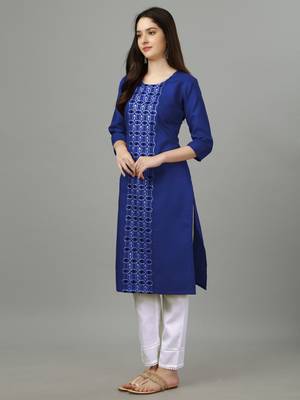 Cotton royal blue embroidered long kurtis 4