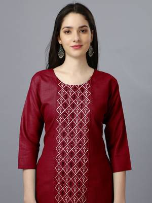 Cotton maroon embroidered long kurtis 4