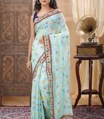 Unitex Georgette lurex turquoise blue floral Silk Digital Print  Sarre