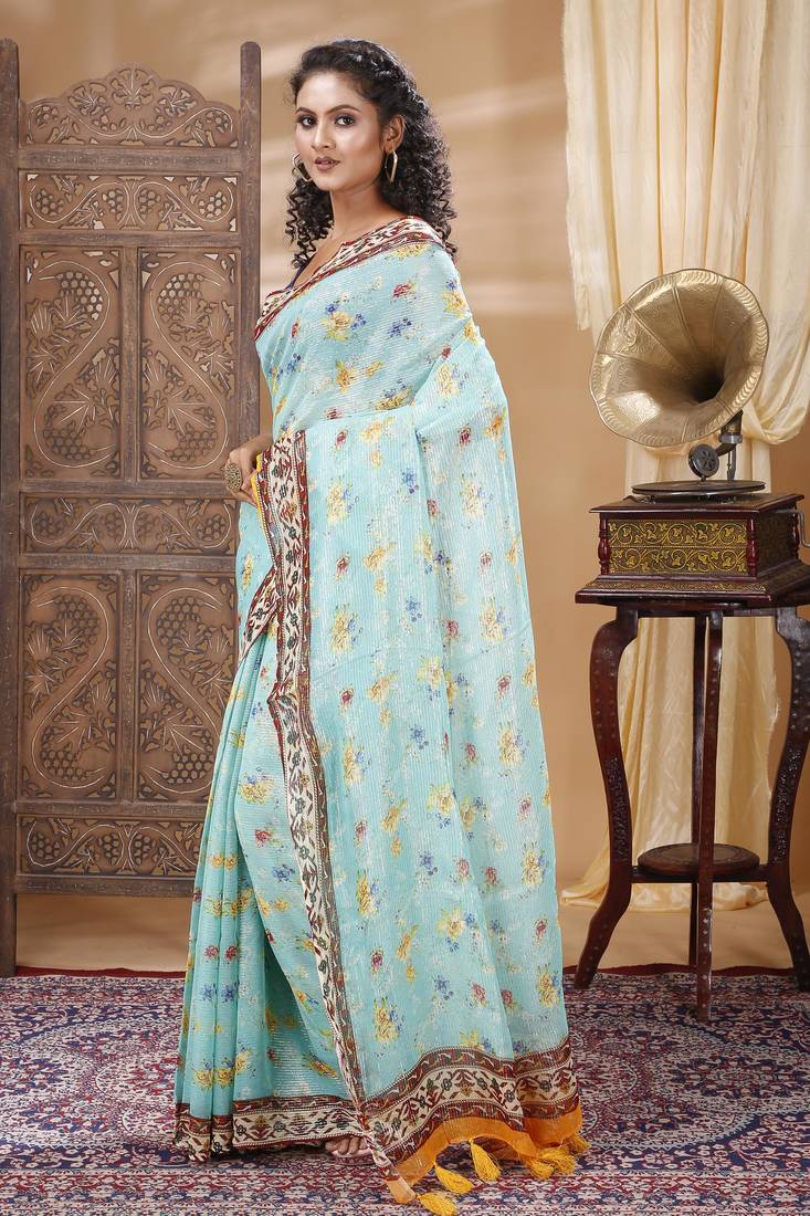 Unitex Georgette lurex turquoise blue floral Silk Digital Print  Sarre