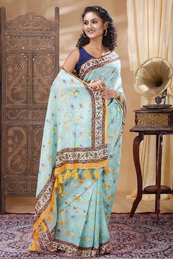 Unitex Georgette lurex turquoise blue floral Silk Digital Print  Sarre