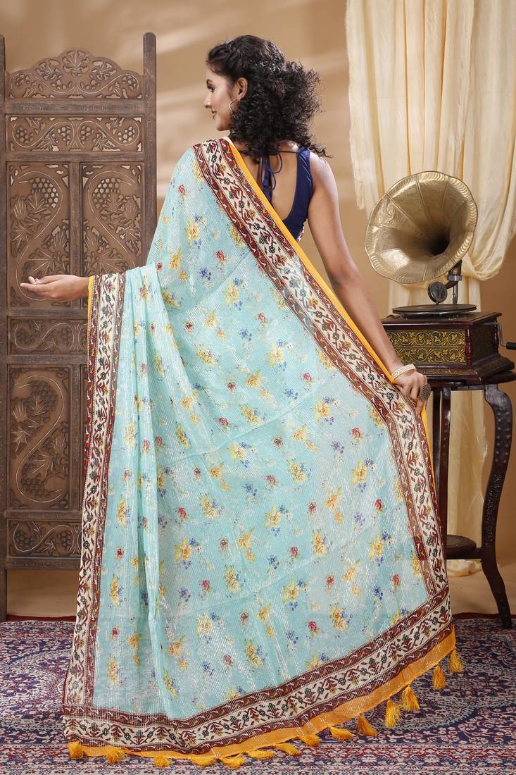 Unitex Georgette lurex turquoise blue floral Silk Digital Print  Sarre