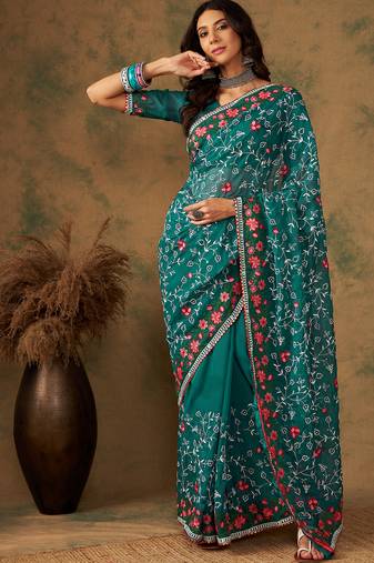 Manvaa Women'S Green Color Soft Organza Embroderied Work Saree 